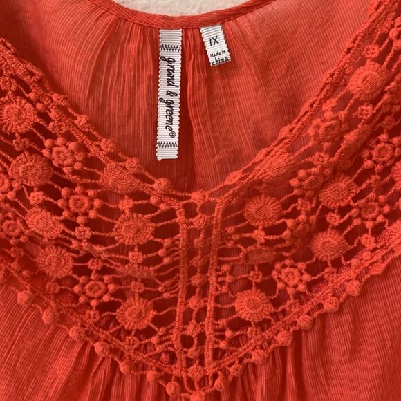 grand & greene crochet coral smocked tunic shirt 1X‎ - Picture 2 of 5